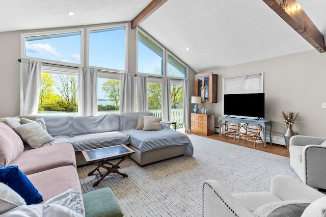living room featuring recessed lighting, lofted ceiling with beams, wood finished floors, and baseboard heating