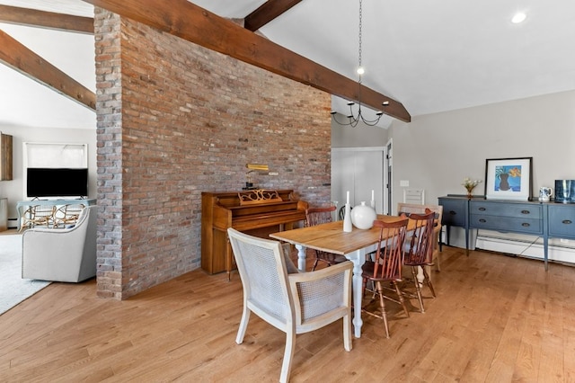 dining area featuring brick wall, high vaulted ceiling, beam ceiling, and wood finished floors