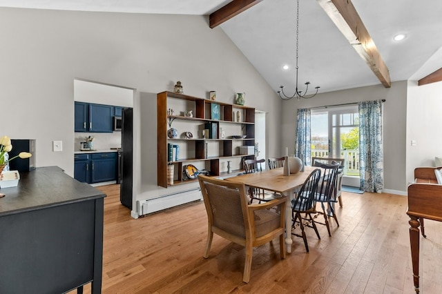 dining room featuring baseboard heating, beam ceiling, high vaulted ceiling, light wood finished floors, and recessed lighting