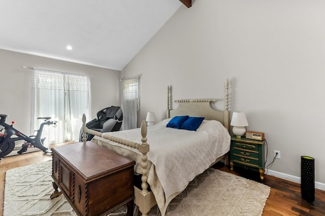 bedroom featuring recessed lighting, baseboards, vaulted ceiling with beams, and wood finished floors