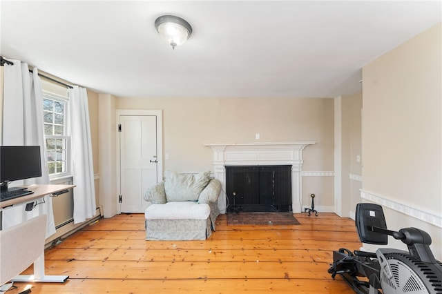 living room with light wood-style floors, a fireplace with flush hearth, and a baseboard radiator