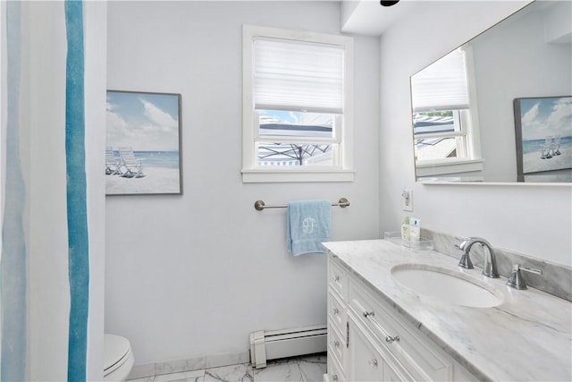 bathroom featuring a baseboard heating unit, baseboards, toilet, vanity, and marble finish floor