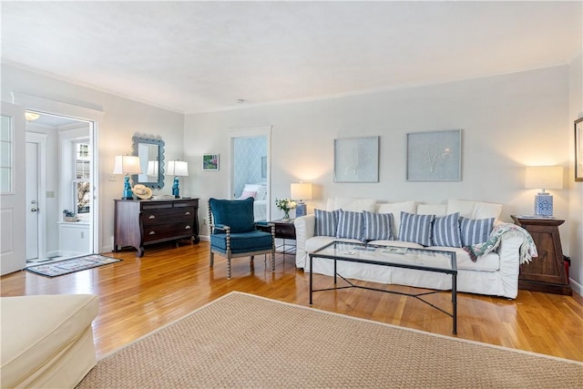 living room featuring ornamental molding and wood finished floors