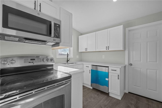 kitchen with dark wood-style floors, a sink, white cabinets, and stainless steel appliances