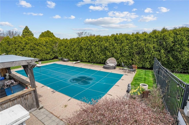 view of sport court featuring a fenced in pool and fence