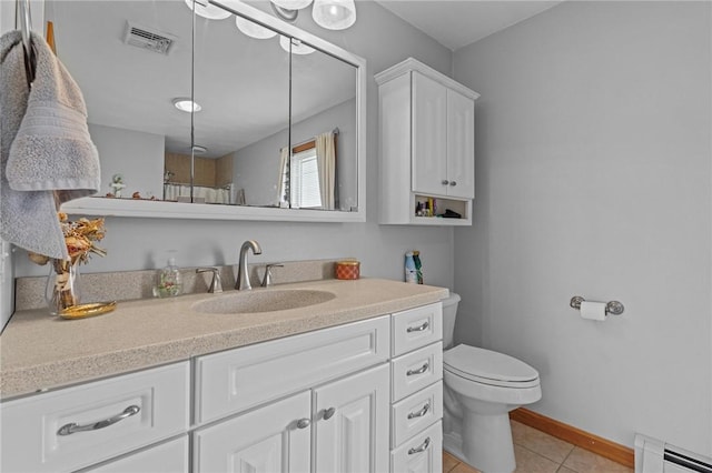 full bathroom with vanity, tile patterned floors, toilet, visible vents, and a baseboard radiator