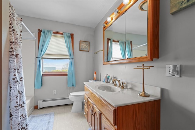 bathroom with a baseboard heating unit, shower / tub combo with curtain, toilet, tile patterned floors, and vanity