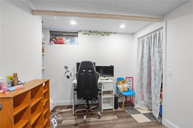 office space with recessed lighting, wood finished floors, and baseboards