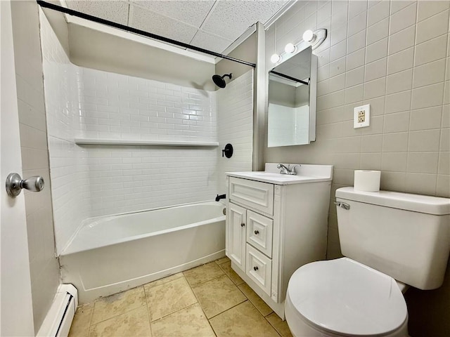 172 Park Ave, Woonsocket, RI 02895 - full bath featuring vanity, a baseboard radiator, tile patterned floors, toilet, and  shower combination