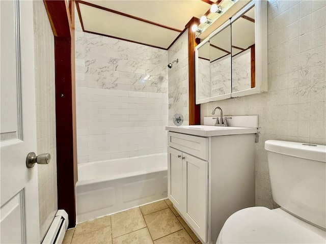 172 Park Ave, Woonsocket, RI 02895 - bathroom featuring shower / washtub combination, vanity, tile patterned floors, a baseboard heating unit, and toilet