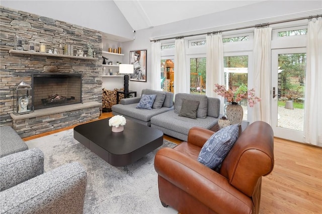 living area with lofted ceiling, wood finished floors, and a fireplace