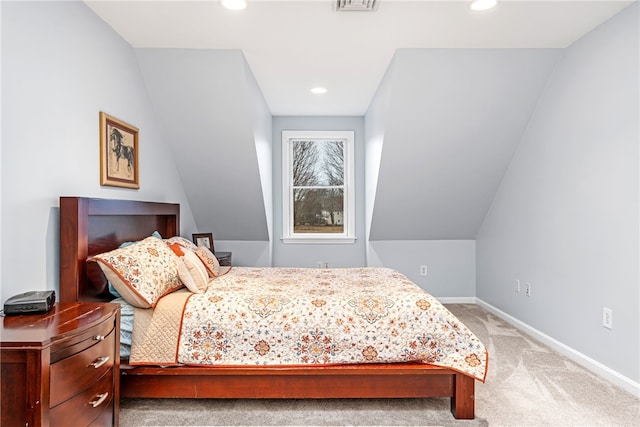 bedroom with baseboards, carpet flooring, recessed lighting, and visible vents