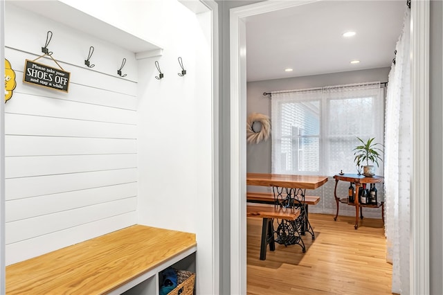 mudroom with recessed lighting and light wood finished floors