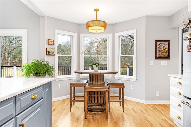 dining space featuring light wood-style floors, baseboards, and plenty of natural light