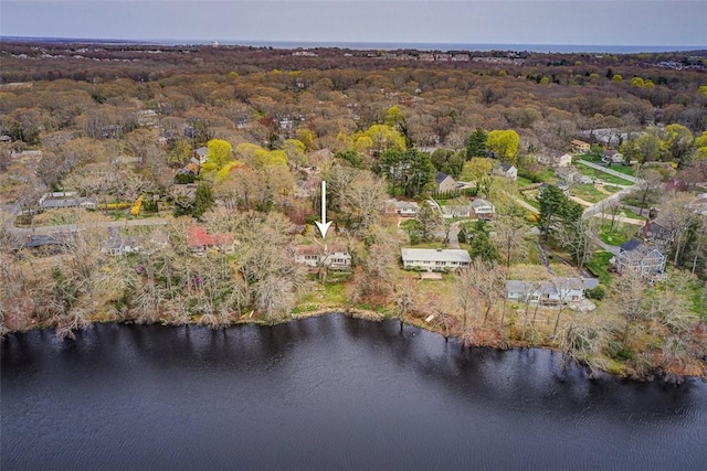 bird's eye view with a water view and a wooded view