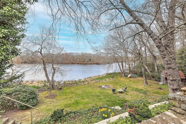 property view of water featuring a fire pit