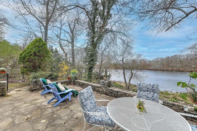 view of patio / terrace with a water view and outdoor dining space