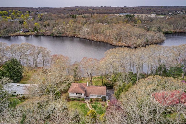 aerial view featuring a water view and a forest view