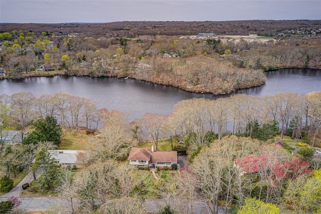 aerial view featuring a view of trees and a water view