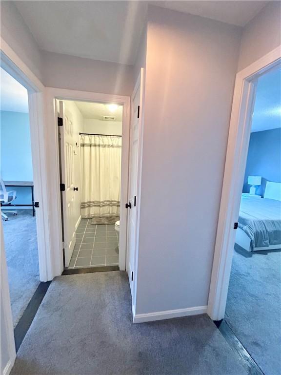 hallway featuring baseboards and carpet