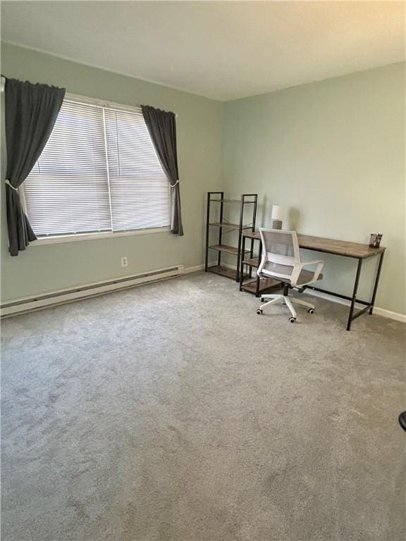 carpeted home office with baseboards and baseboard heating