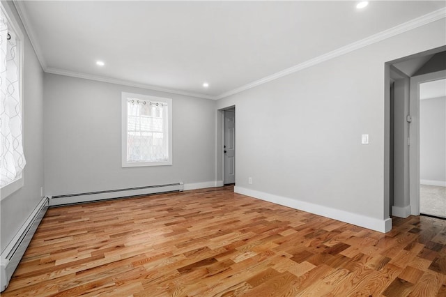 unfurnished room featuring recessed lighting, a baseboard radiator, light wood-style flooring, and ornamental molding
