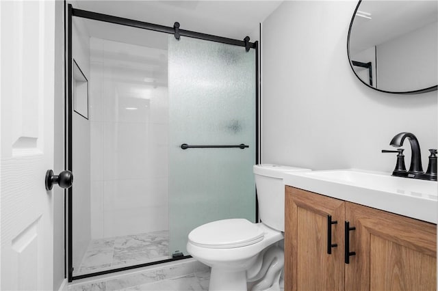 full bath featuring vanity, marble finish floor, a stall shower, and toilet