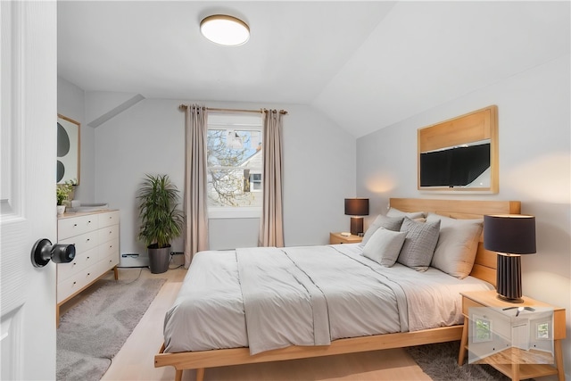 bedroom featuring vaulted ceiling, baseboard heating, and carpet