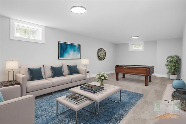 living area featuring pool table, baseboards, and carpet flooring