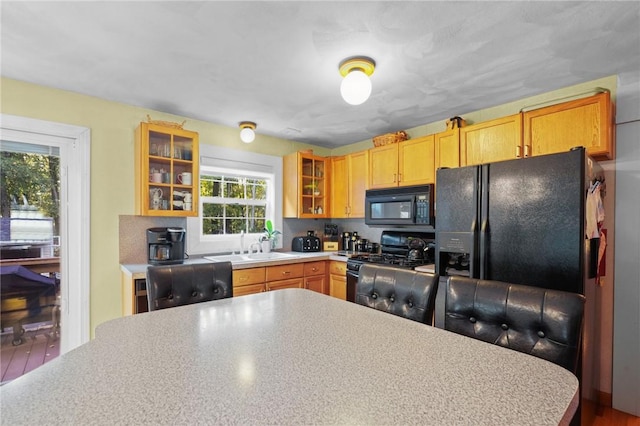 kitchen with glass insert cabinets, light countertops, and black appliances