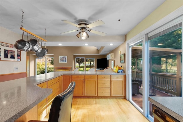 kitchen with recessed lighting, ceiling fan, dishwasher, and light wood-type flooring