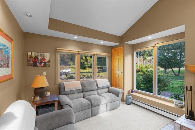 living room with carpet, a baseboard heating unit, recessed lighting, and lofted ceiling