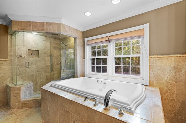 full bath featuring recessed lighting, ornamental molding, a shower stall, and a tub with jets