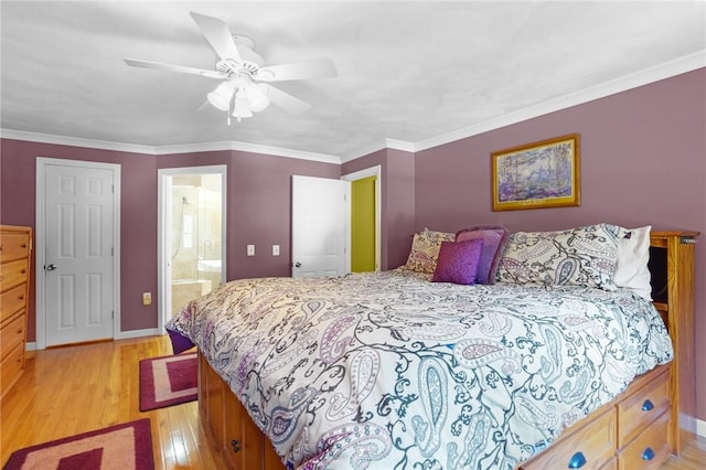 bedroom with ornamental molding, light wood-style floors, baseboards, connected bathroom, and a ceiling fan