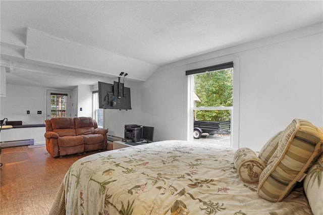 bedroom with a baseboard radiator, baseboard heating, access to outside, and lofted ceiling