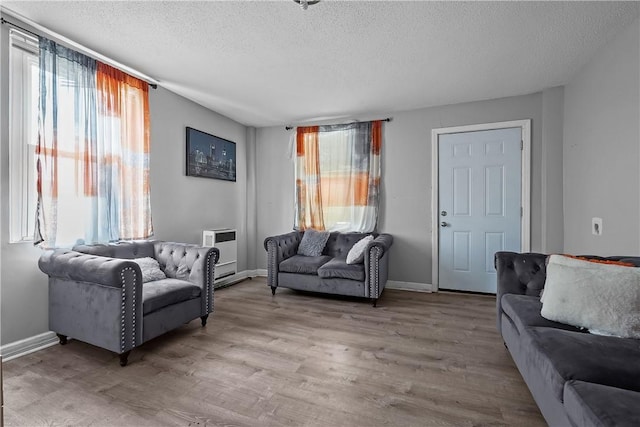 752 Social St, Woonsocket, RI 02895 - living area featuring a textured ceiling, heating unit, baseboards, and light wood-style floors