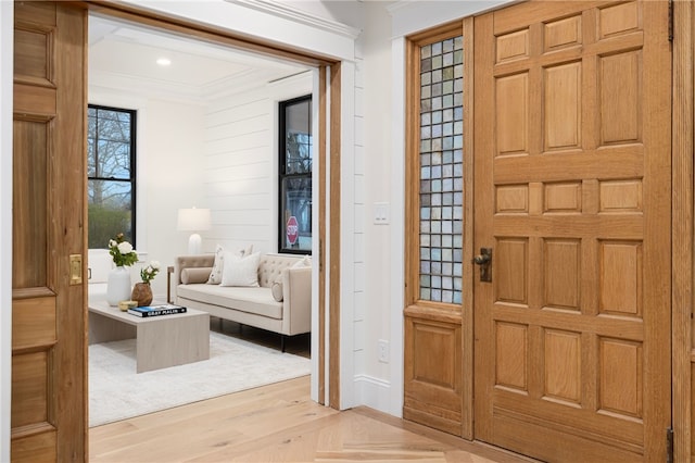 7 Champlin St, Newport, RI 02840 - foyer with crown molding, recessed lighting, and parquet flooring