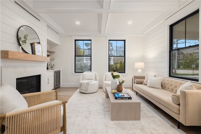 7 Champlin St, Newport, RI 02840 - living area featuring beam ceiling, light wood finished floors, a premium fireplace, recessed lighting, and coffered ceiling