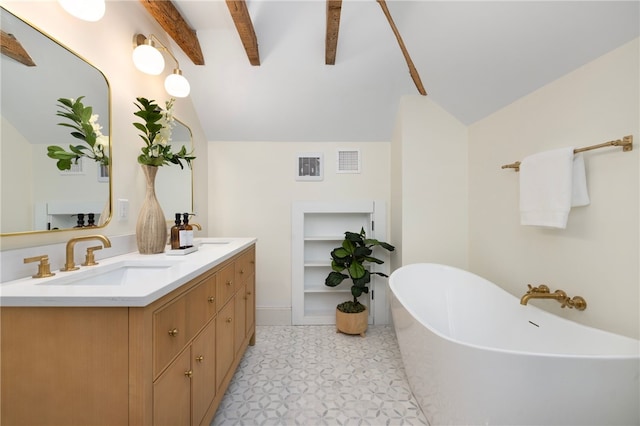 7 Champlin St, Newport, RI 02840 - full bath featuring visible vents, double vanity, vaulted ceiling with beams, a soaking tub, and a sink