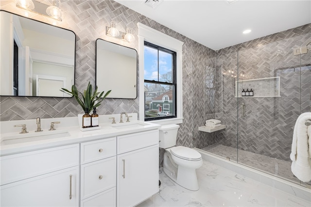7 Champlin St, Newport, RI 02840 - bathroom featuring a sink, a stall shower, toilet, and double vanity