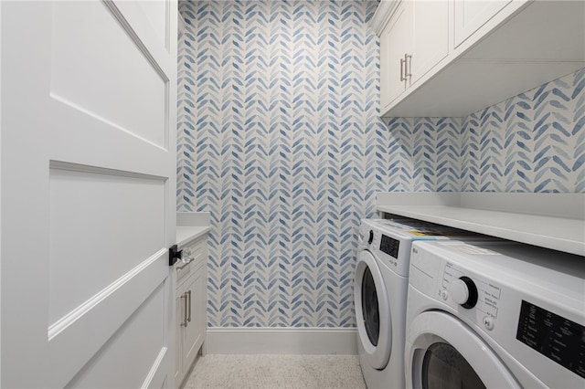 7 Champlin St, Newport, RI 02840 - washroom featuring cabinet space, wallpapered walls, and washing machine and dryer