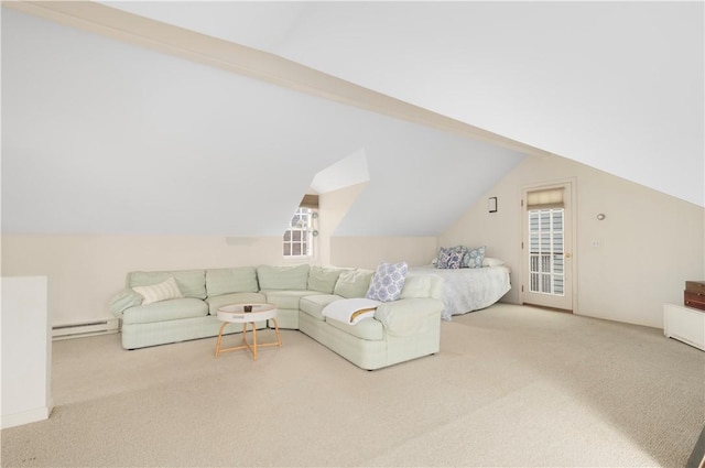 living area featuring carpet floors, a baseboard radiator, and lofted ceiling