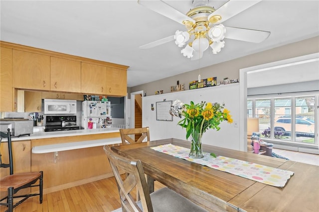 dining space featuring light wood-type flooring and ceiling fan