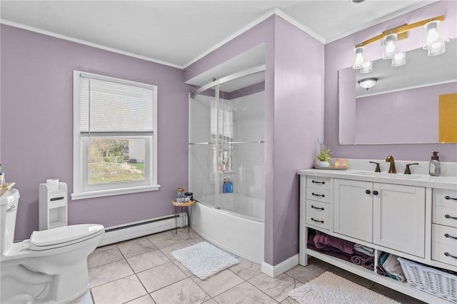 full bath featuring vanity, toilet, combined bath / shower with glass door, a baseboard radiator, and ornamental molding
