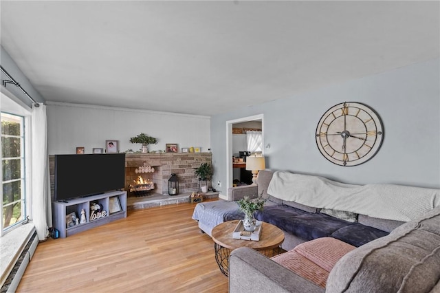 living area featuring a fireplace, plenty of natural light, baseboard heating, and wood finished floors