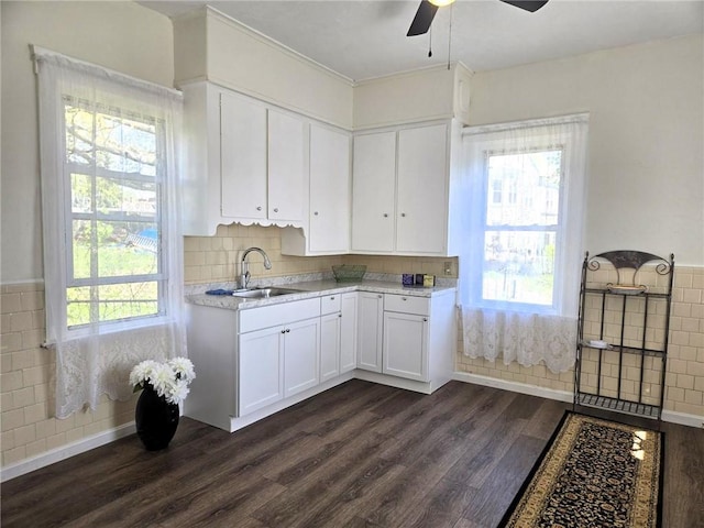 168 Spring St, Woonsocket, RI 02895 - kitchen with a sink, dark wood finished floors, a ceiling fan, and light countertops