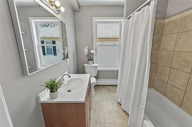 full bathroom with vanity, shower / tub combo with curtain, toilet, tile patterned floors, and a baseboard radiator