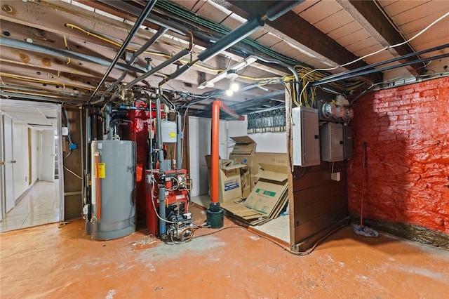 unfinished basement featuring water heater, electric panel, and a heating unit