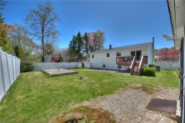 view of yard with a fenced backyard, stairs, central air condition unit, and a deck