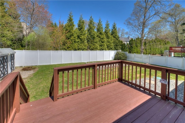 wooden deck featuring a fenced backyard and a lawn